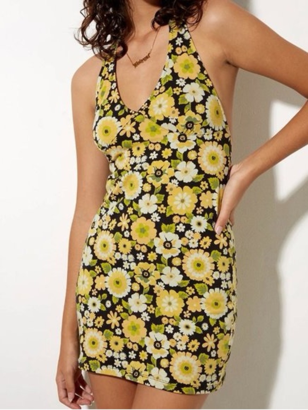 Motel Rocks Black Yellow White Floral Halter Mini Dress